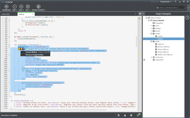 Icenium Graphite Code Editor with Refactoring