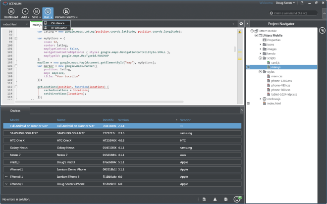 Icenium Graphite Code Editor - Run on Devices