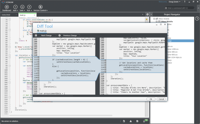 Icenium Graphite Code Editor with Version Control-Diff Window Icenium Graphite Code Editor with Version Control-Diff Window