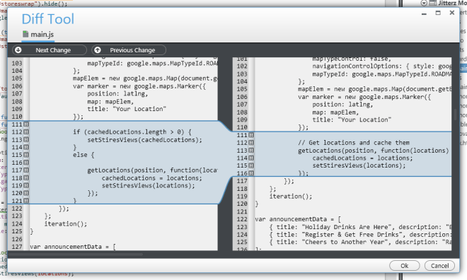 Icenium Graphite Version Control Diff Window