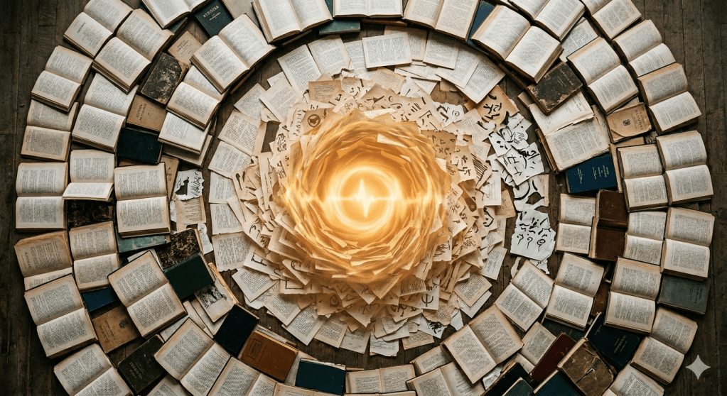 A high-angle photograph showing a massive spiral pattern formed by hundreds of open books and scattered pages on an aged wooden floor. The spiral’s outer layers consist of diverse, neatly aligned open books with various colored spines. The center transitions into a swirling vortex of dense, chaotic pages covered in illegible calligraphy and sigils. At the central convergence point, a radiant golden burst of light contains a pulsing, glowing audio waveform, appearing as a point of energy and knowledge.